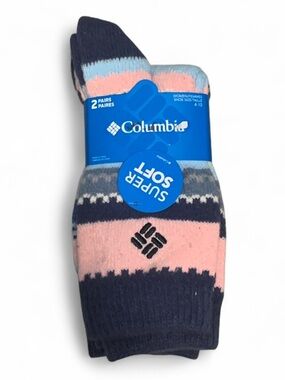 NWT Columbia Navy, Light Blue & Pink Striped Super Soft Crew Socks - 2 Pack